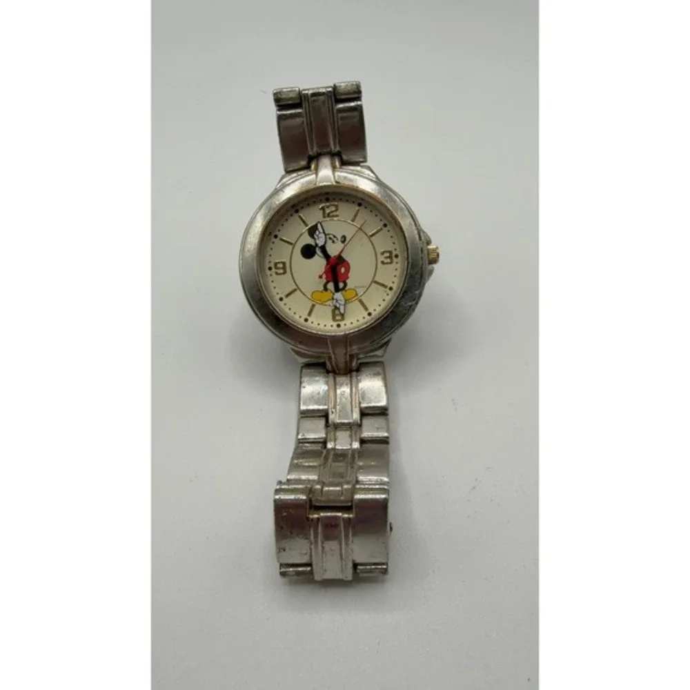 VTG Disney Mickey Mouse‎ Black Silver Watch Men Stainless Steel Band Classic